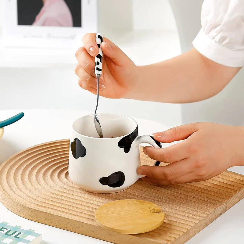 Ceramic Cow Mug with Spoon and Lid