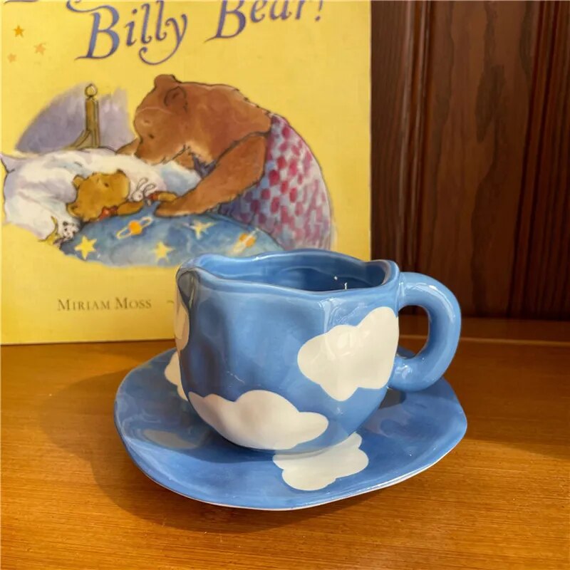 Hand Painted Blue Sky and White Clouds Coffee Cup With Saucer Ceramic