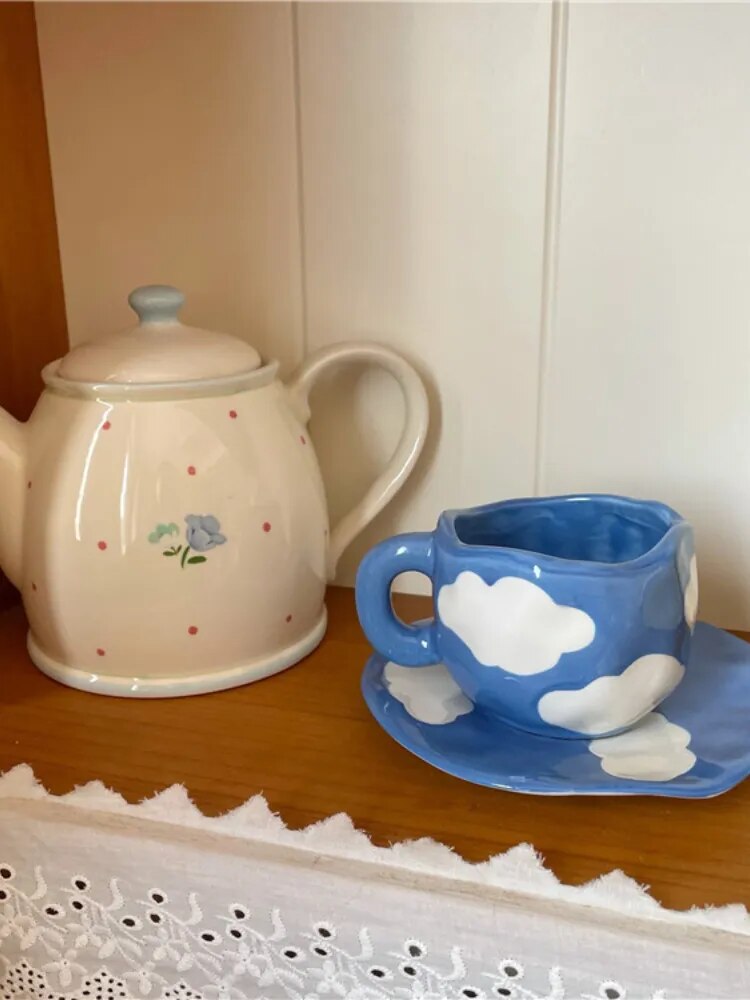 Hand Painted Blue Sky and White Clouds Coffee Cup With Saucer Ceramic