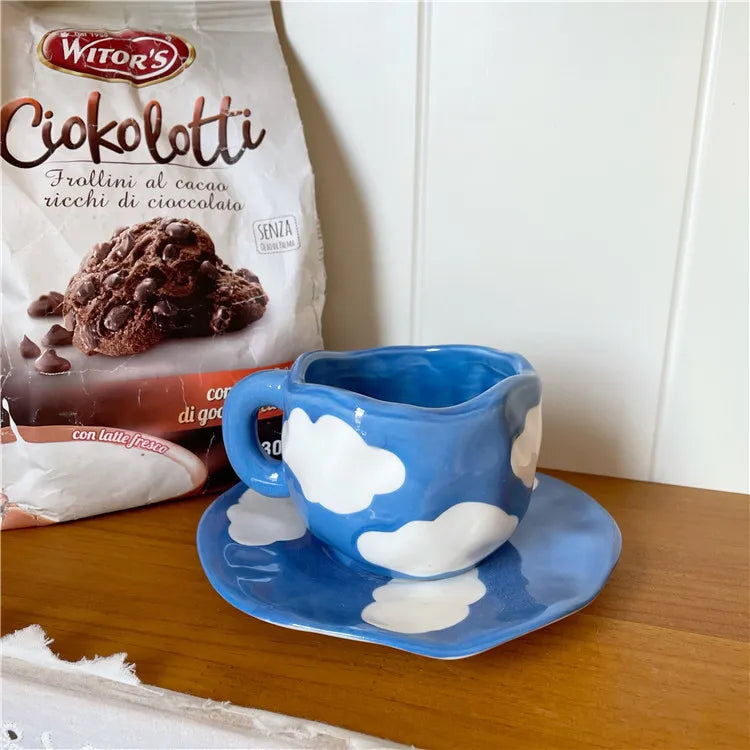 Hand Painted Blue Sky and White Clouds Coffee Cup With Saucer Ceramic