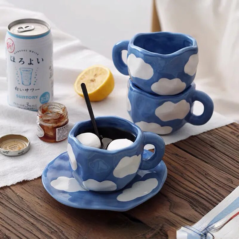 Hand Painted Blue Sky and White Clouds Coffee Cup With Saucer Ceramic