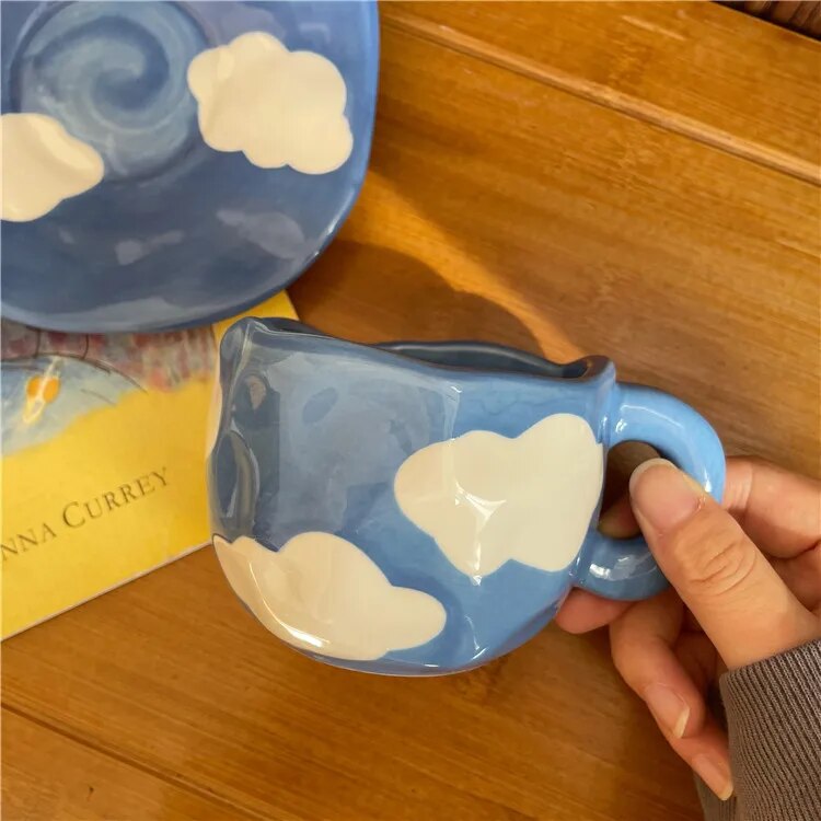 Hand Painted Blue Sky and White Clouds Coffee Cup With Saucer Ceramic