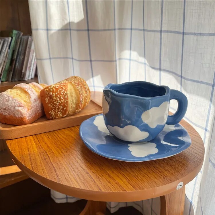Hand Painted Blue Sky and White Clouds Coffee Cup With Saucer Ceramic