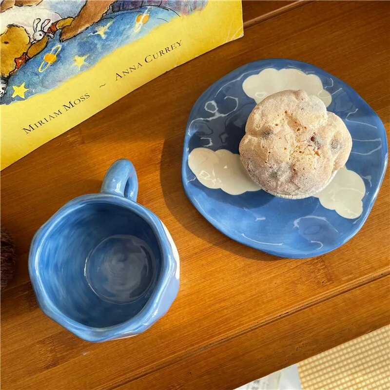Hand Painted Blue Sky and White Clouds Coffee Cup With Saucer Ceramic