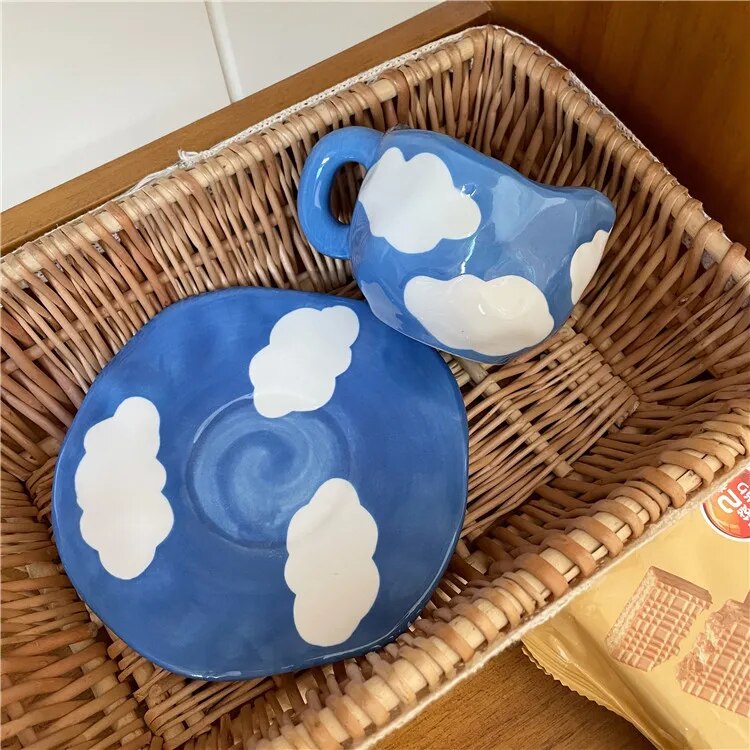 Hand Painted Blue Sky and White Clouds Coffee Cup With Saucer Ceramic